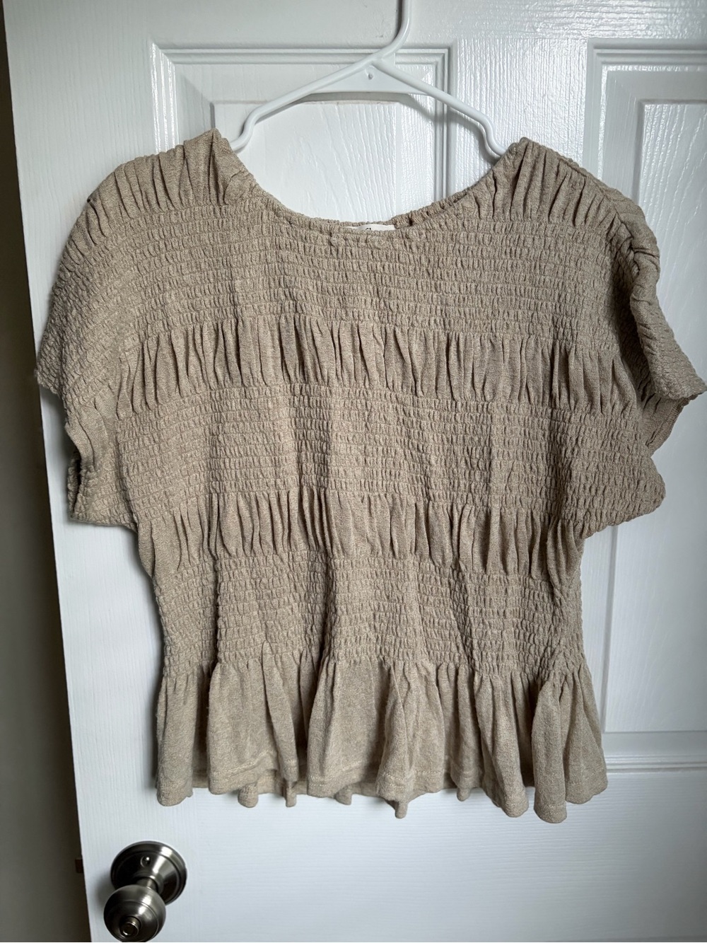 Neuflora Beige Smocked Short Sleeve Peplum Top